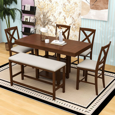 Ensemble de salle à manger 6 pièces, table extensible avec rallonge amovible, tablettes de rangement, chaises rembourrées et banc