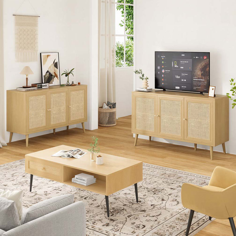 3 Rattan Doors Storage Accent Cabinet, Natural