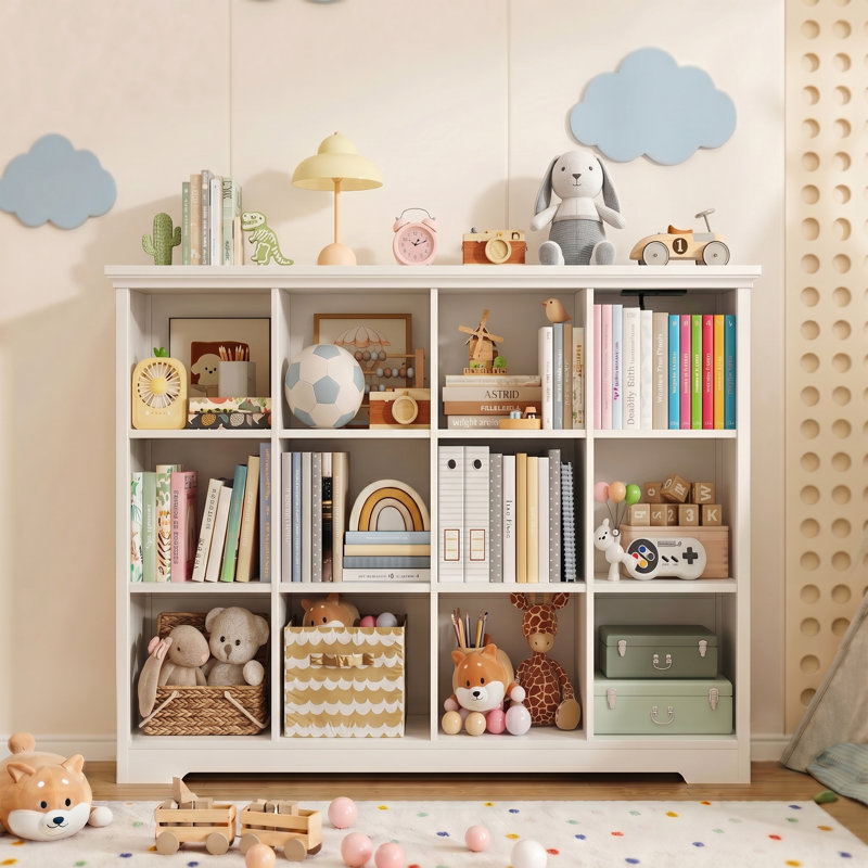 Bibliothèque à 12 cubes, organisateur de rangement l 50 po x H 41 po avec ports de chargement et anti-basculement, Blanc