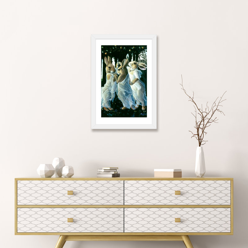 « Bunny graces » par Melinda Copper-impression d’art graphique, H 32 po x l 24 po x P 1 po, Papier avec cadre blanc