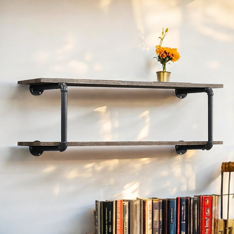 Chêne antique et étagère murale gris sablé - 2 pour le rangement et la présentation, structure en métal, aspect de matériaux mixtes, installation simple, convient à différentes pièces de la maison, construction, mélange de bois et de métal,