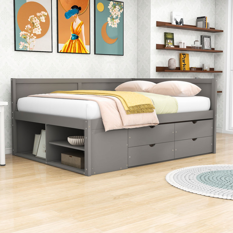 Daybed with Pull-Out Drawers and Shelves, Gray, Full/Double