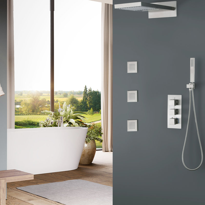 Wall Mounted Complete Shower System With Thermostatic Valve, Brushed Nickel