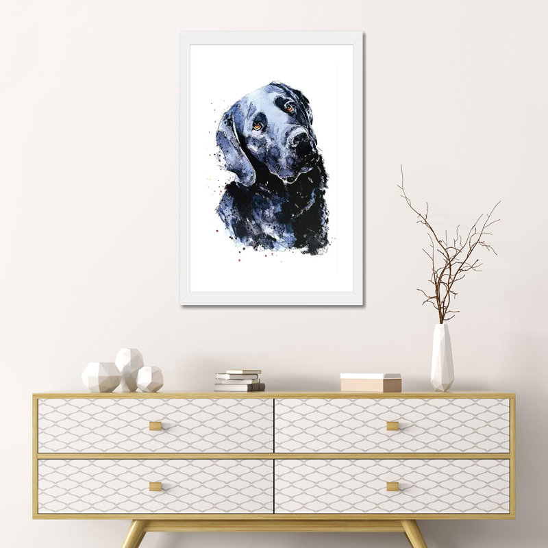 Labrador noir patiemment en attente par Edwatercolours-impression, H 24 po x l 16 po x P 1 po, Papier encadré blanc, Blanc