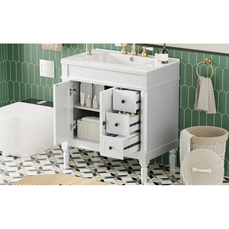 Meuble-lavabo moderne de 30 pouces, structure en bois massif et panneau de fibres à densité moyenne, 2 portes et 3 tiroirs, conception à fermeture en douceur, tablette ajustable en forme de U, lavabo en céramique, ensemble d'armoires de rangement pour salle de bain, conception moderne et élégante