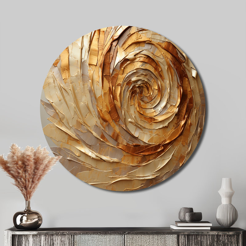 Brun doré, spirale moka - Art abstrait rond en métal, H 23 po x l 23 po