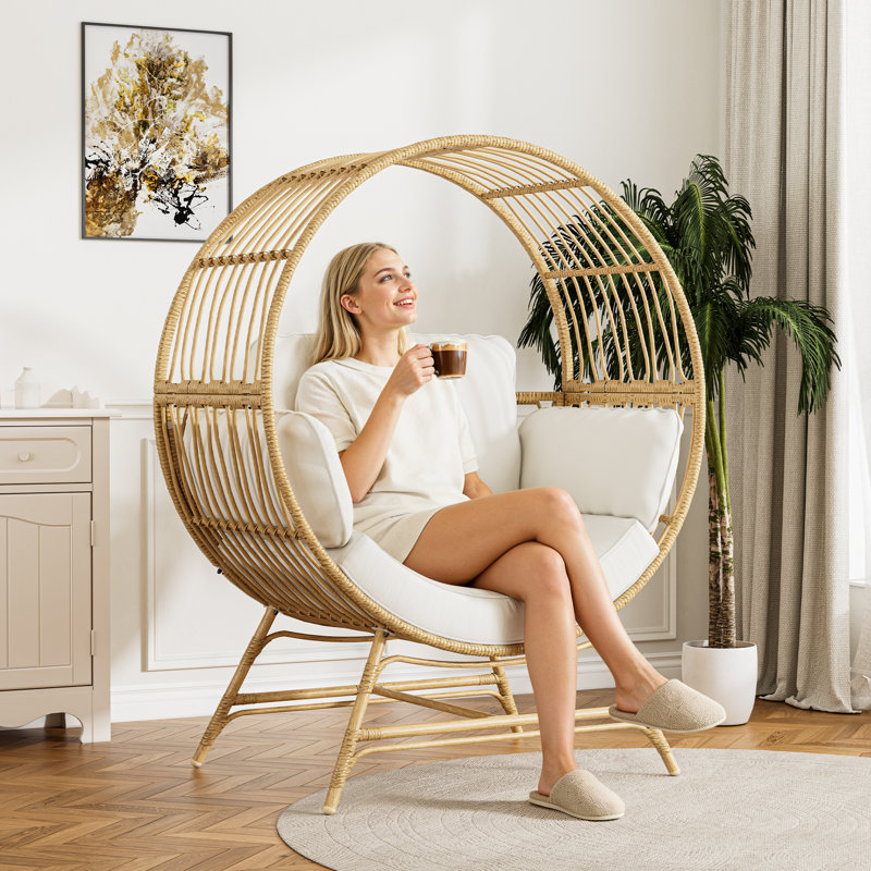 Fauteuil en rotin Egg Chair, Beige, Jaune