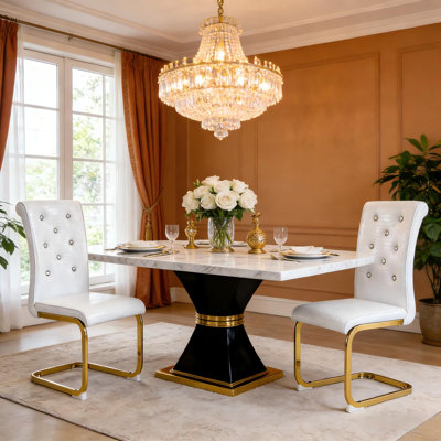 Dining Chairs Set of 2, Retro Alligator Skin Upholstered Dining Chairs with Metal Bow Legs for Dining Room & Kitchen (White, Golden Plated Leg )