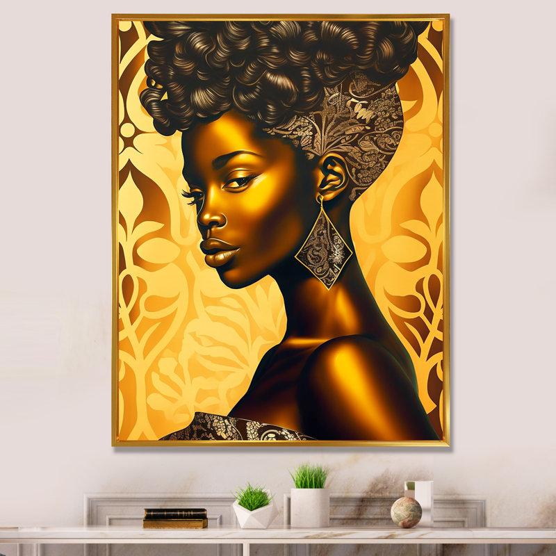 Superbe reine africaine en couleurs rétro V sur toile, H 44 po x l 34 po x P 1,5 po, Cadre flottant doré
