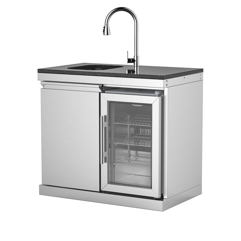 Outdoor Kitchen Sink & Beverage Fridge Module, 304 Stainless Steel Cabinet With Built-In Refrigerator, Weather-Resistant Outdoor Kitchen Island Component