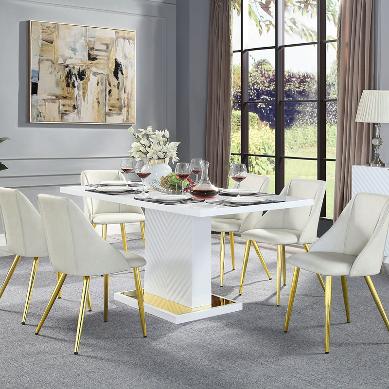 Table de salle à manger blanche à finition brillante avec base piédestal