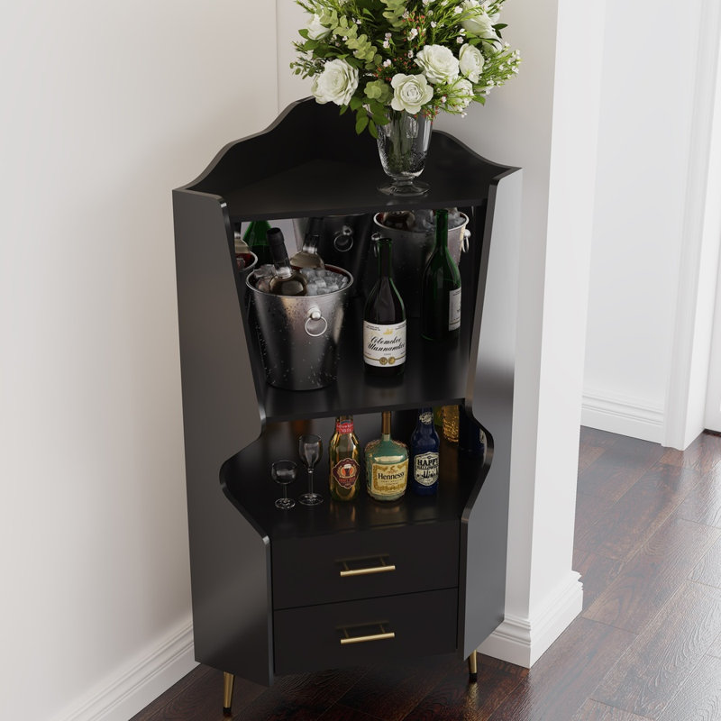 18.9"l X 50"h Wooden Corner Bar Cabinet – Mirrored Back & 2 Drawers – Triamine Board – For Living Room/dining Room/bar Area