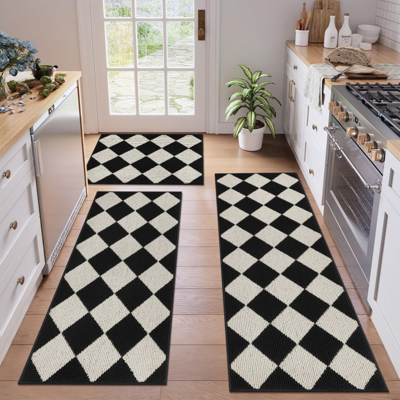 Machine Washable Non-Slip Kitchen Mat, Black/White