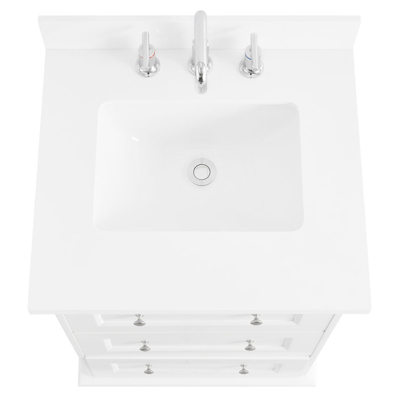 Ensemble de meuble-lavabo simple biseauté autoportant 24 po avec plateau en quartz Adelia, Blanc, 24" W