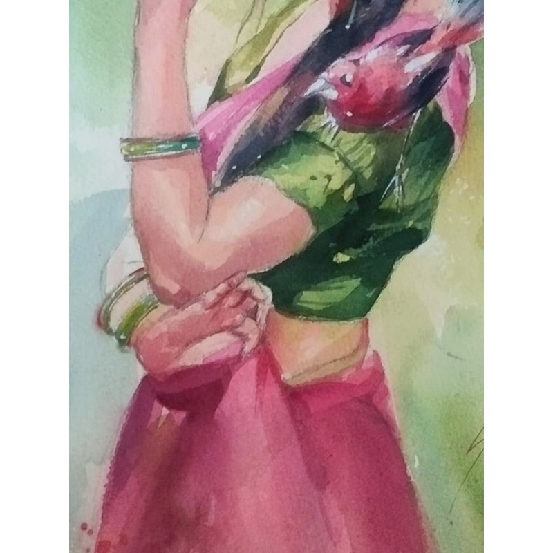 Femme posant avec un oiseau | Aquarelle sur papier | Par Sarat Shaw