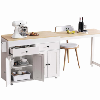 74.5-inch Expandable Dining Table Kitchen Island with Wheels, Mobile Kitchen Island with Spices Rack and 2 Drawers, 4-Door Cabinet Kitchen Storage Cart, Suitable for Kitchen, Dining Room, White
