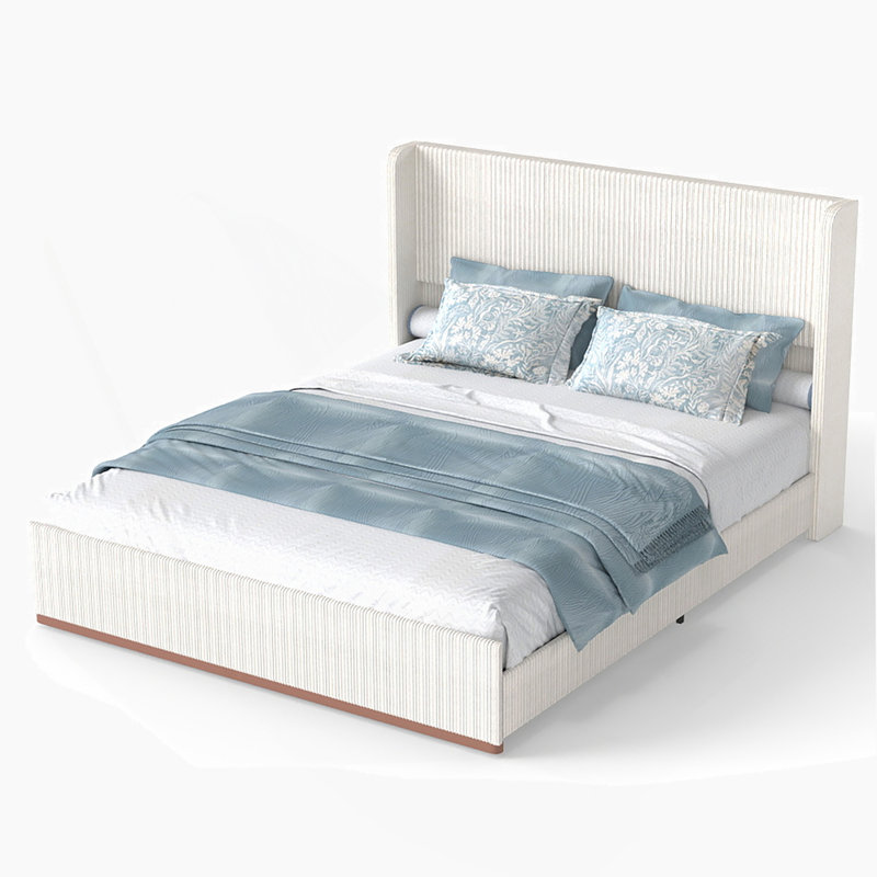Très grande base de lit tapissier avec tête de lit à oreilles de luxe de 47 pouces, velours côtelé crème et très grand rangement
