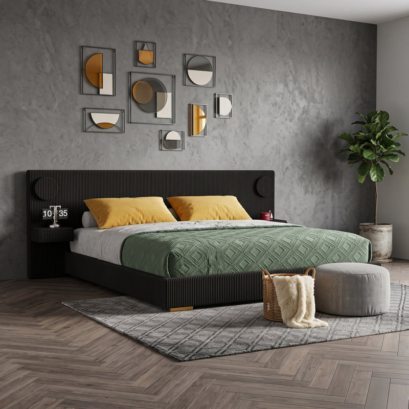 Lit plateforme tapissier avec lumières DEL, ports de chargement et tiroirs, King, Black