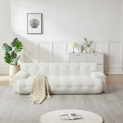 87.4-inch Cloud Series Minimalist Button-Tufted Square Arm Three-Seater Sofa, Chenille Sofa, Comfortable Upholstered Sofa with Button-Tufted Design, Snow White