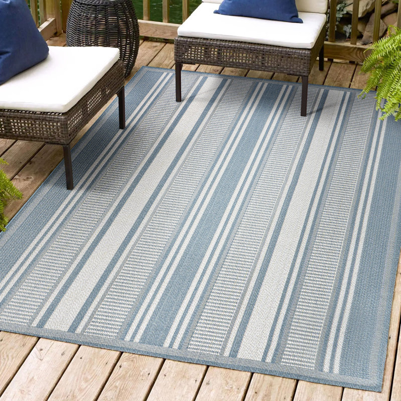 Cincotta Modern Double Stripe Blue/Light Gray Indoor/Outdoor Rug, Rectangle 7'10" x 10'