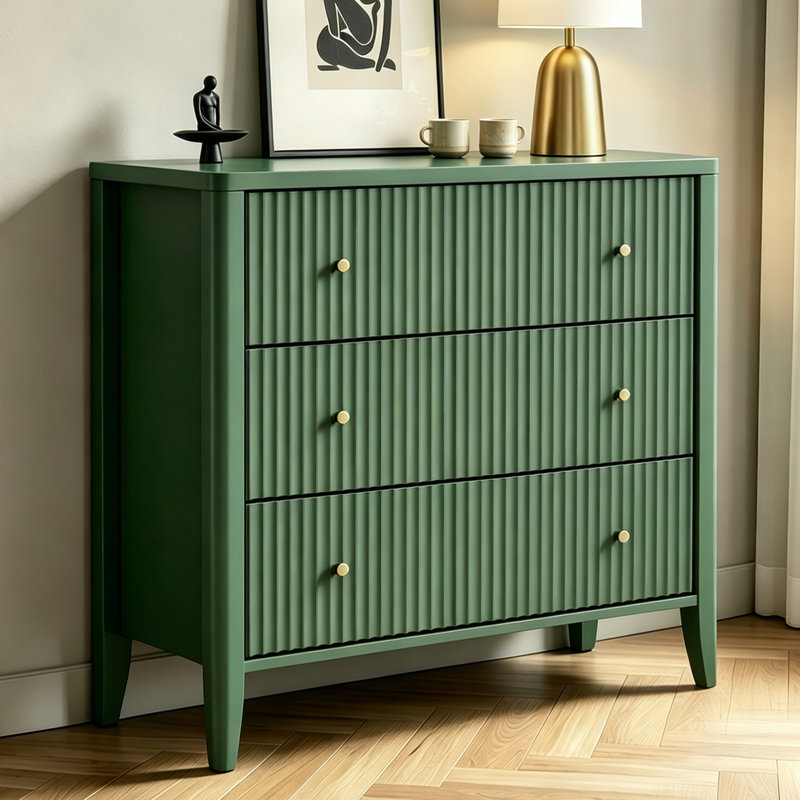 Almonte 3 Drawer 34" W Fluted Wood Dresser with Knobs，Green, Green, 3