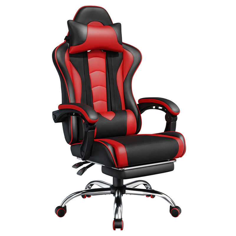 Inbox Zero Adjustable Reclining Ergonomic Faux Leather Swiveling Floor Game Chair with Footrest, Black/Red