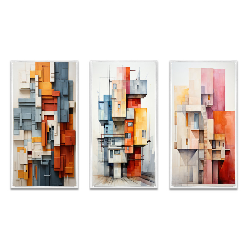 «Constructivism Construit Horizons I», 3 pièces, H 32 po x l 48 po, Cadre blanc