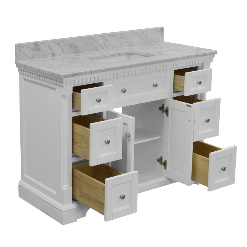 Fossen 48" Single Bathroom Vanity with White Cabinet and Carrara Marble Countertop, White, Carrara Marble
