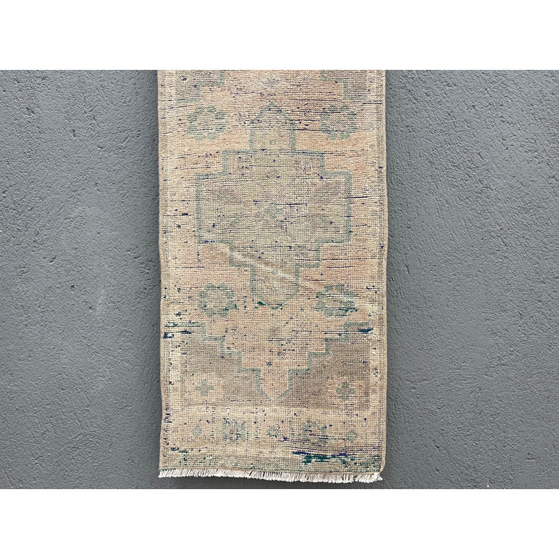 Tapis en laine beige 15,7 x 34,6 po, motif géométrique moderne rétro traditionnel