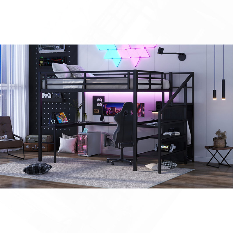 Grand lit mezzanine avec bureau en L et port USB, lit mezzanine en métal avec garde-robe et tablette réglable, lit mezzanine haut avec DEL pour enfants, adolescents, adultes