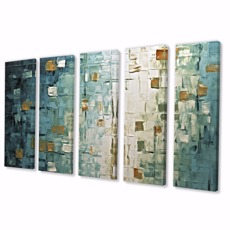 «Vintage Impermanence In Retro Gold Shades I», reproduction d'art murale abstraite - 5 panneaux égaux