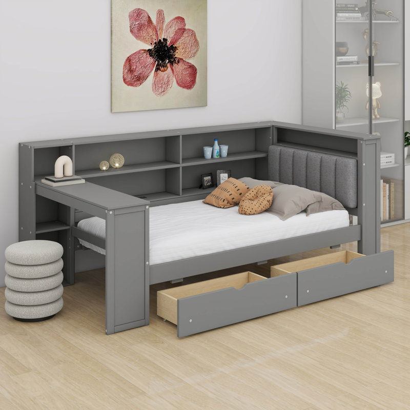 Lit plateforme avec tablettes de rangement, tiroirs, station de charge USB, tête de lit à DEL et bureau intégré, tête de lit tapissier, lit haut à structure en bois pour petits espaces