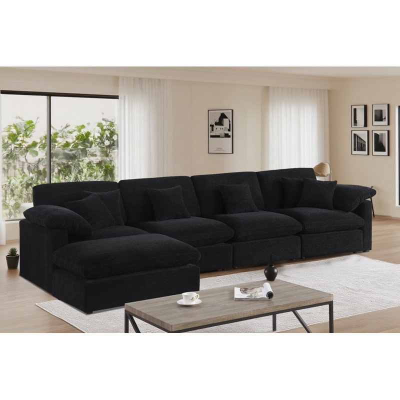 153" L-Shaped Sectional Module Sofa Cloud Black Couch with Removable Ottoman&Cushion , Black Chenille