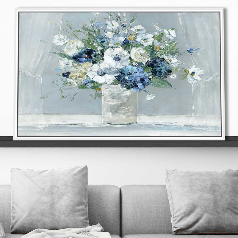 «Be Happy Blue» par Sally Swatland - Peinture, H 39,5 po x l 63,5 po x P 2 po, Cadre flottant blanc