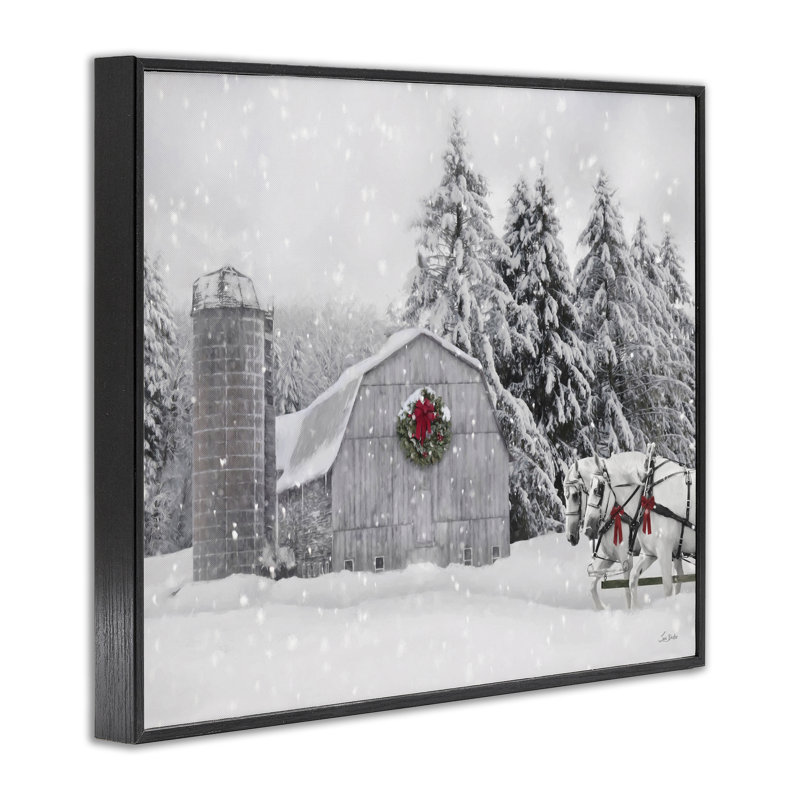 «Snowy Barn & Horses», estampe numérique par Lori Deiter, H 11 po x l 14 po, Giclée encadrée noir minuit