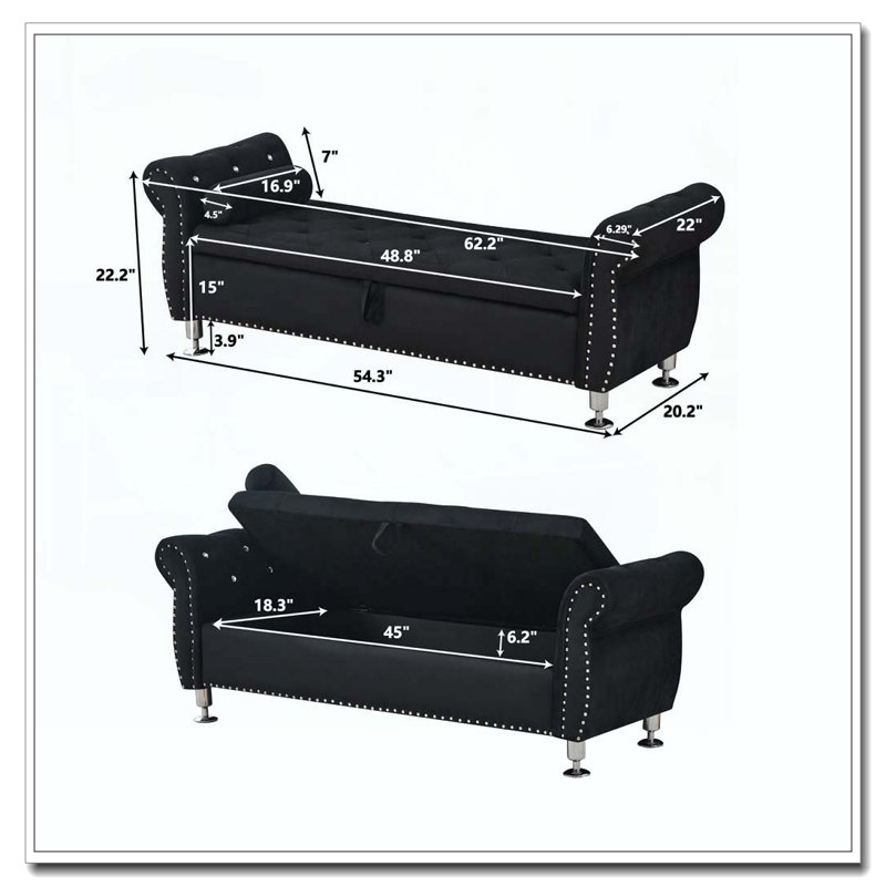 62.2 Inch Soft Velvet Storage Bench, Black