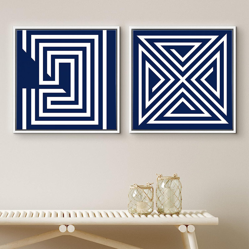 Reproduction de labyrinthe géométrique bleu et orange sur toile, 2 pièces, H 16 po x l 32 po x P 1,5 po, Blanc