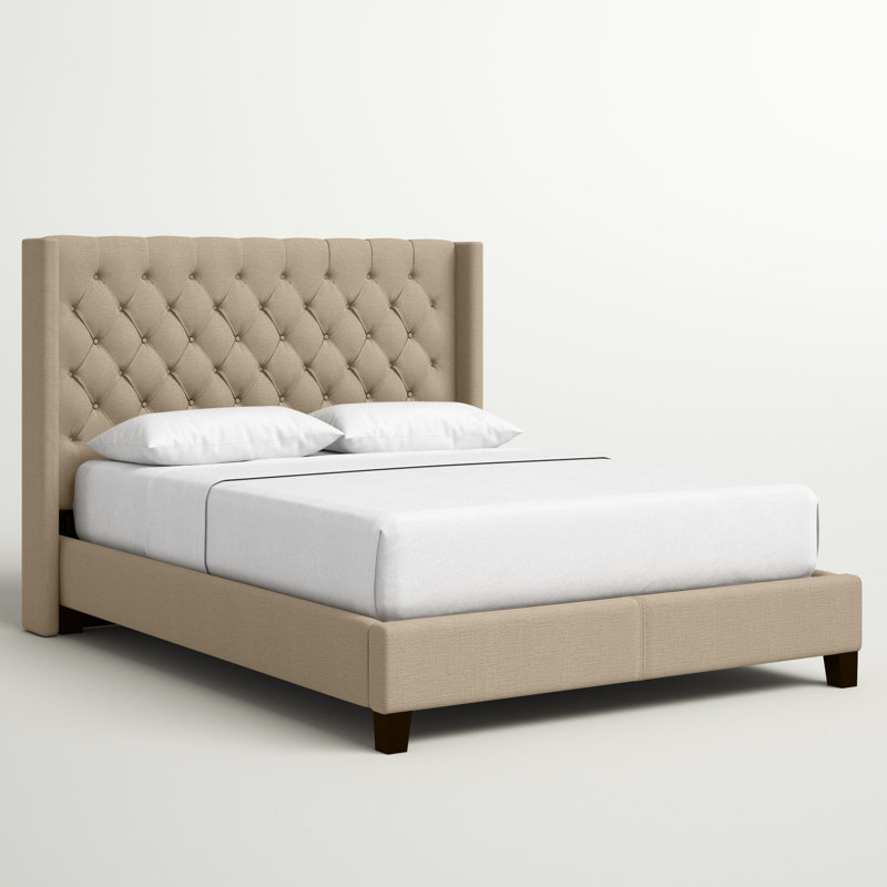 Lit plateforme tapissier Londono, Lin beige chiné, Double