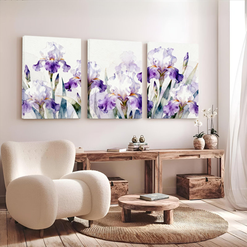 «Mauve Iris», impression sur toile, ensemble de 3 panneaux, impression botanique moderne pour le salon ou la chambre à coucher
