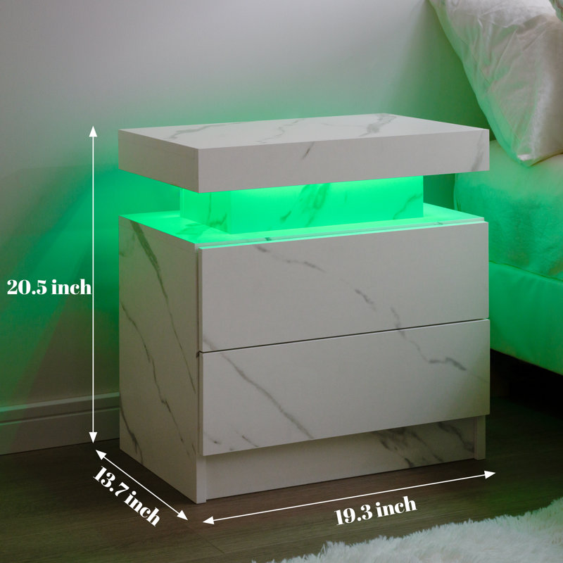 White Marble LED Nightstand Set with 2 Drawers
