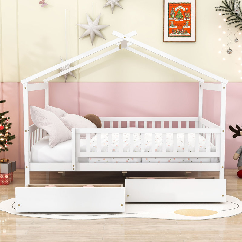 Lit de maison avec tiroirs de rangement et toit Ansam, Double, Blanc