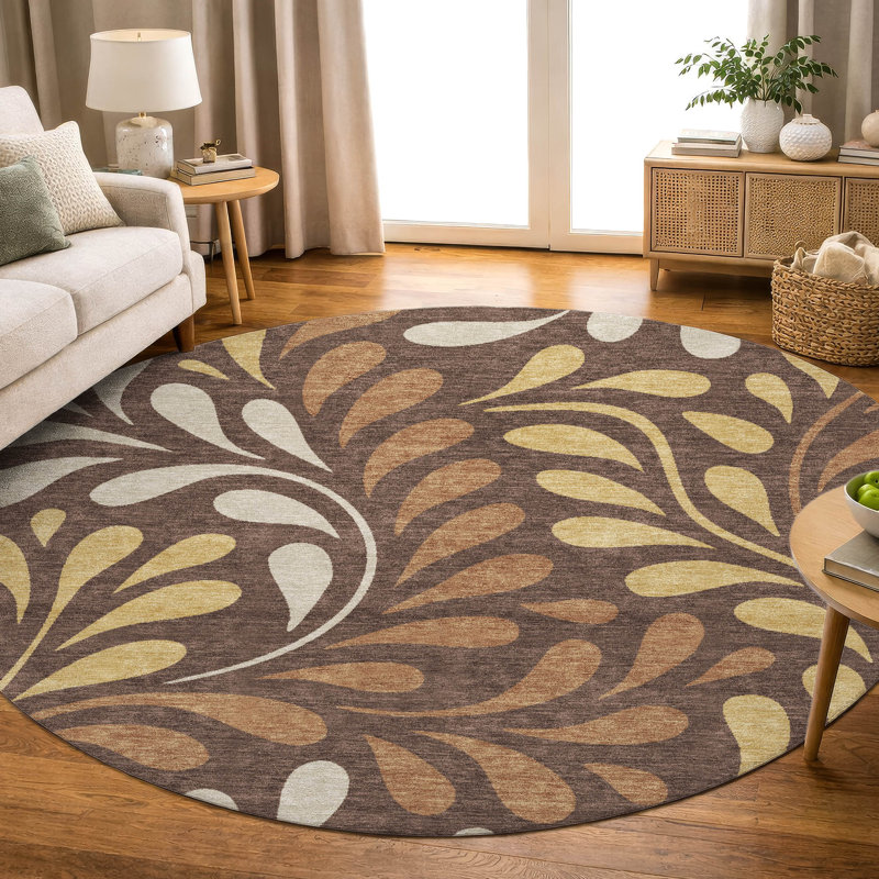 Premium Machine Washable Mayfield AMF2411 Floral Rug, Fudge, 8' Round