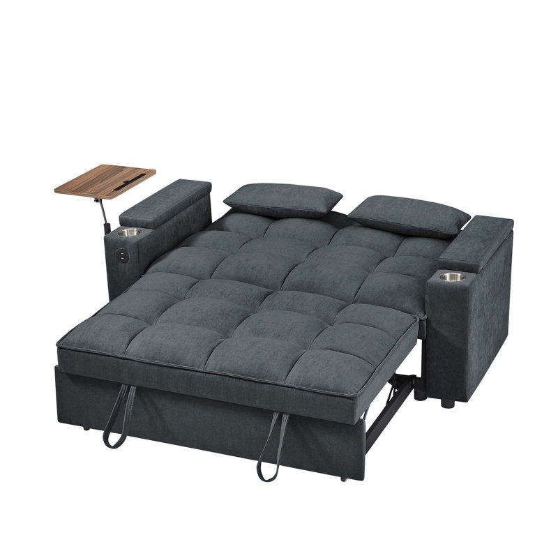Chenille Loveseat Sleeper Sofa Bed With Storage Armrest ,USB Port ,Side Table, Dark Gray
