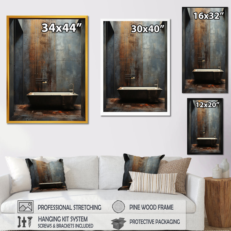 «Black Industrial Minimalist Bath I» - art mural de salle de bain, H 32 po x l 24 po x P 1 po