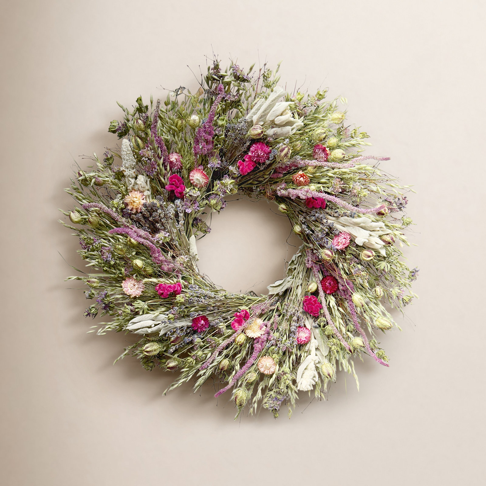 Natural Dried Lamb's Ear, Lavender, and Strawflowers Wreath