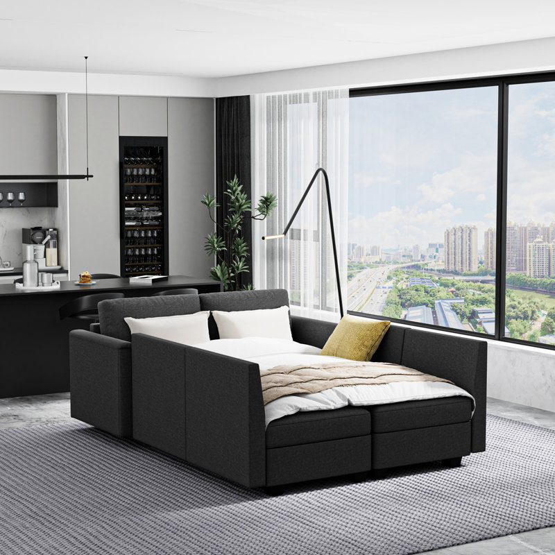Canapé modulaire convertible à 6 places avec rangement, mousse à mémoire de forme, lin gris pour siège décontracté, coussin de mousse, salon