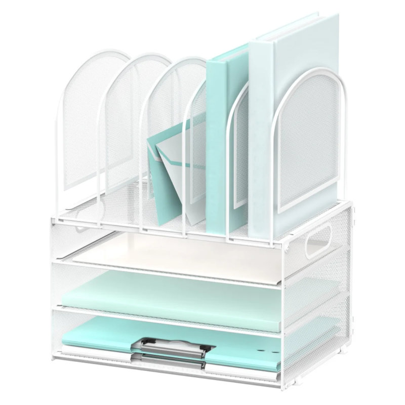 Organisateur de bureau à 3 niveaux avec 5 porte-dossiers et poignées pour le bureau, Blanc