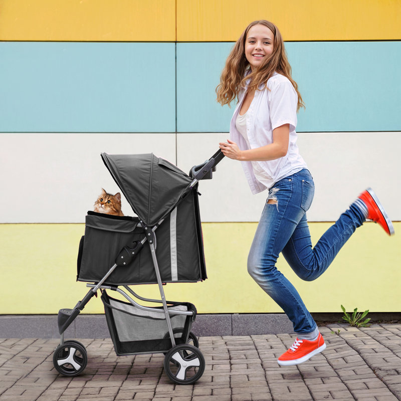Foldable Pet Stroller, 3 Wheels Folding Carrier Jogger Stroller for Dogs Cats with Canopy and Basket, Black/Solid