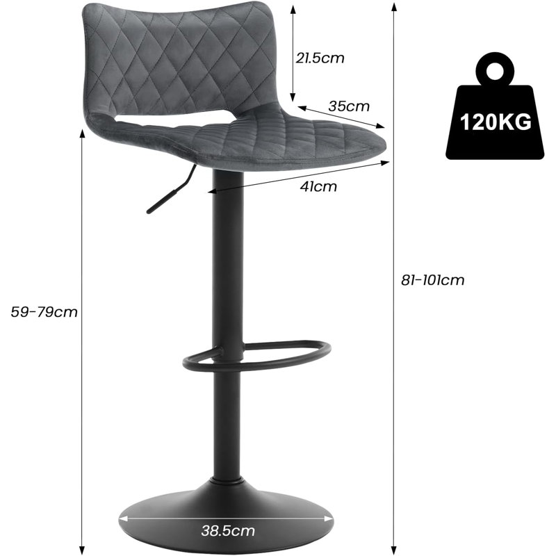 Upholstered Adjustable Height Counter Stool with Metal Frame, Dark Grey