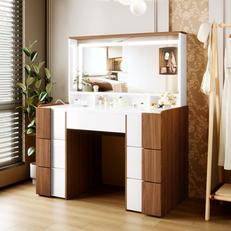 Élégante coiffeuse de 44,4 po avec grand miroir éclairé et prise de courant, coiffeuse avec 7 tiroirs et tablettes, coiffeuse avec autocollants en bois massif brun